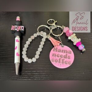Pink and White Mama Crystal Bracelet Keychain and Pen Set Handmade Imperfect